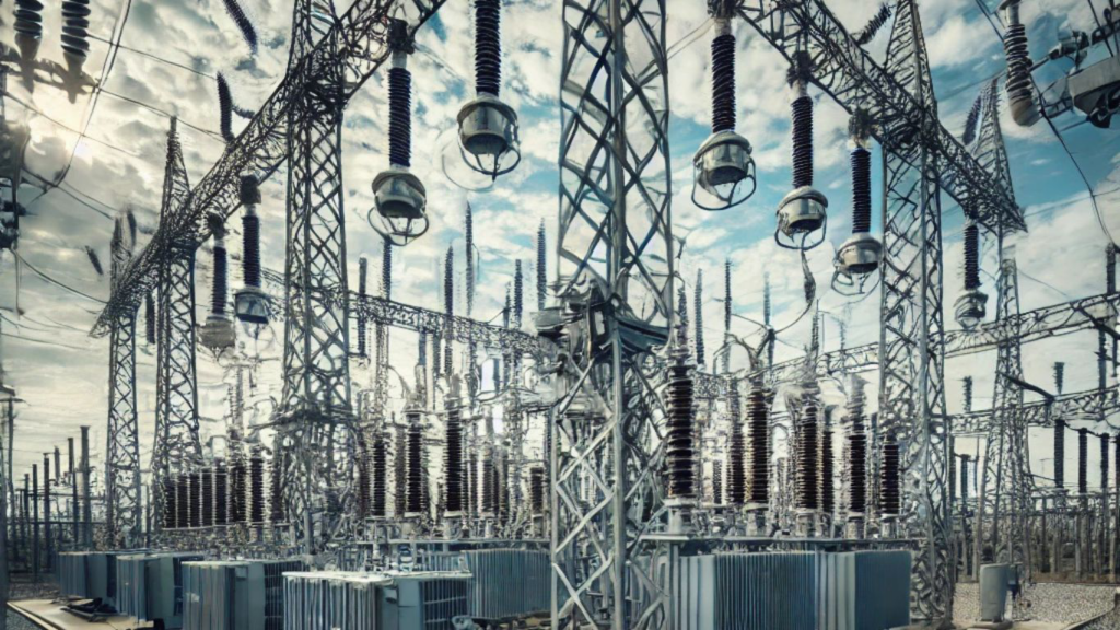 A large electrical substation featuring high voltage lines against a clear sky, showcasing its industrial infrastructure.