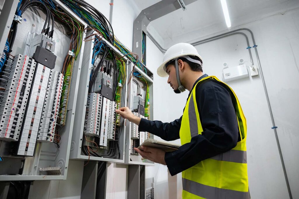 A man wearing a safety vest inspects electrical equipment, ensuring safety and functionality in a work environment.
