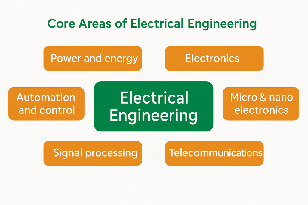 Diagram illustrating the core areas of electrical engineering, including power systems, electronics, and telecommunications.