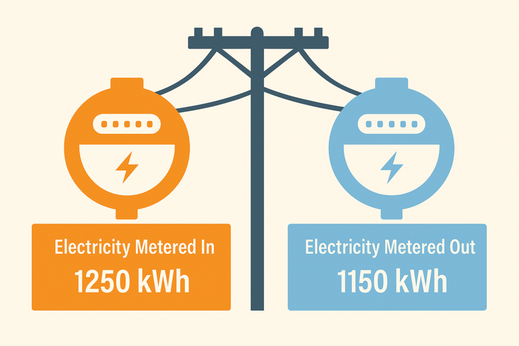 A row of electricity meters attached to a wall, with power lines stretching overhead against a clear blue sky.
