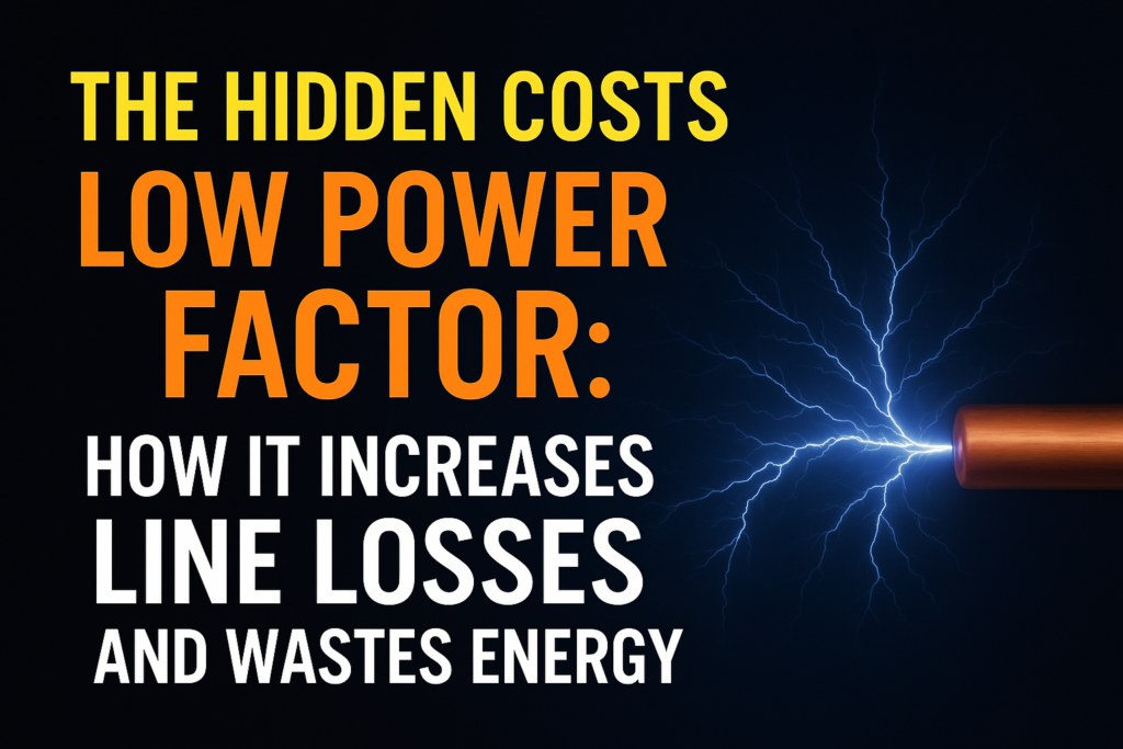 Diagram illustrating the hidden costs of low power factor, highlighting increased line losses and energy waste.