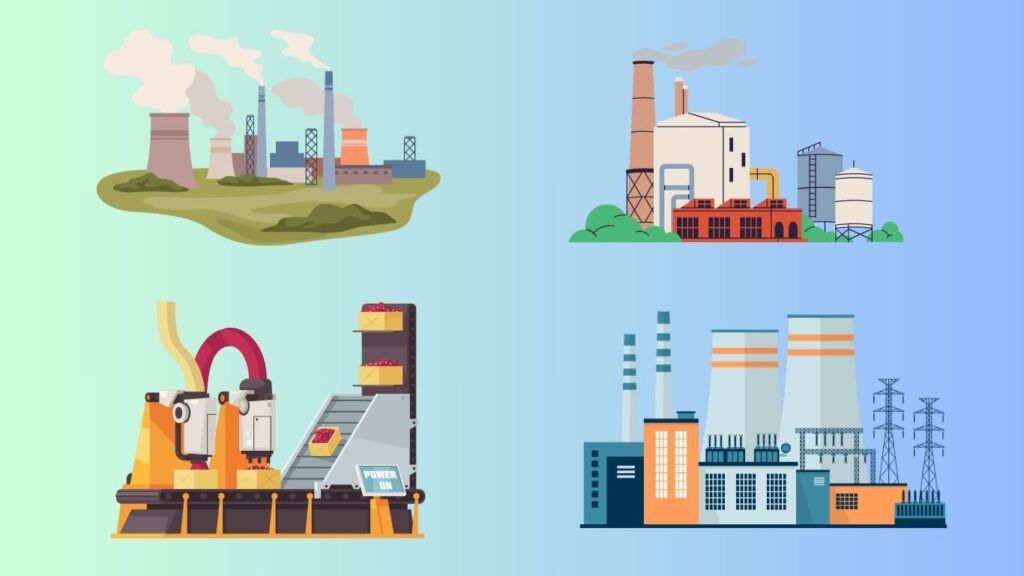 A set of flat icons representing various industrial factories and power plants in a cohesive design.