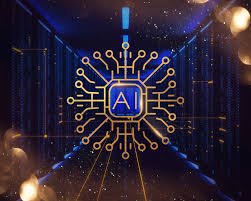 AI logo displayed on a computer network, illuminated by glowing blue lights, symbolizing advanced technology and connectivity.
