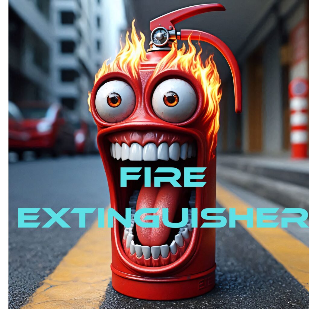 3D model of a fire extinguisher, showcasing its design and features in a realistic representation.