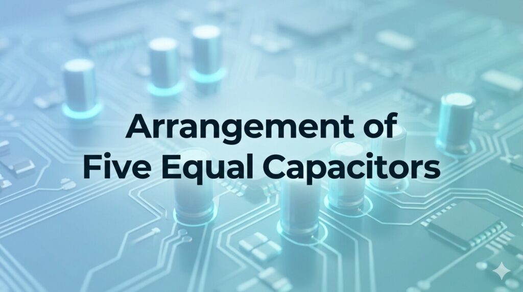 Close-up of a circuit board with text overlay stating "Arrangement of Five Equal Capacitors.