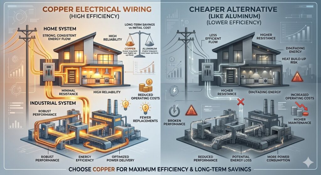 Image depicting electricity generation, featuring power lines and a wind turbine against a clear blue sky.
