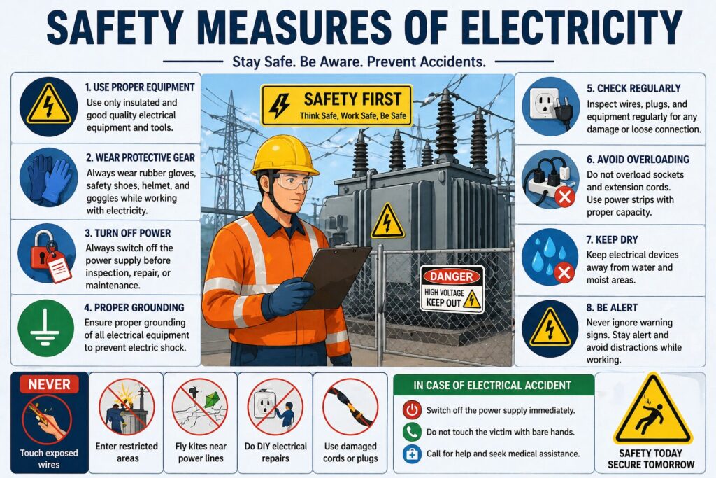 Infographic illustrating essential safety measures for handling electricity, including tips and precautions.