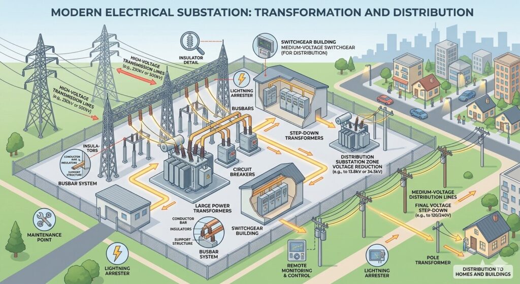 Modern electrical substation featuring transmission lines and distribution equipment against a clear blue sky.