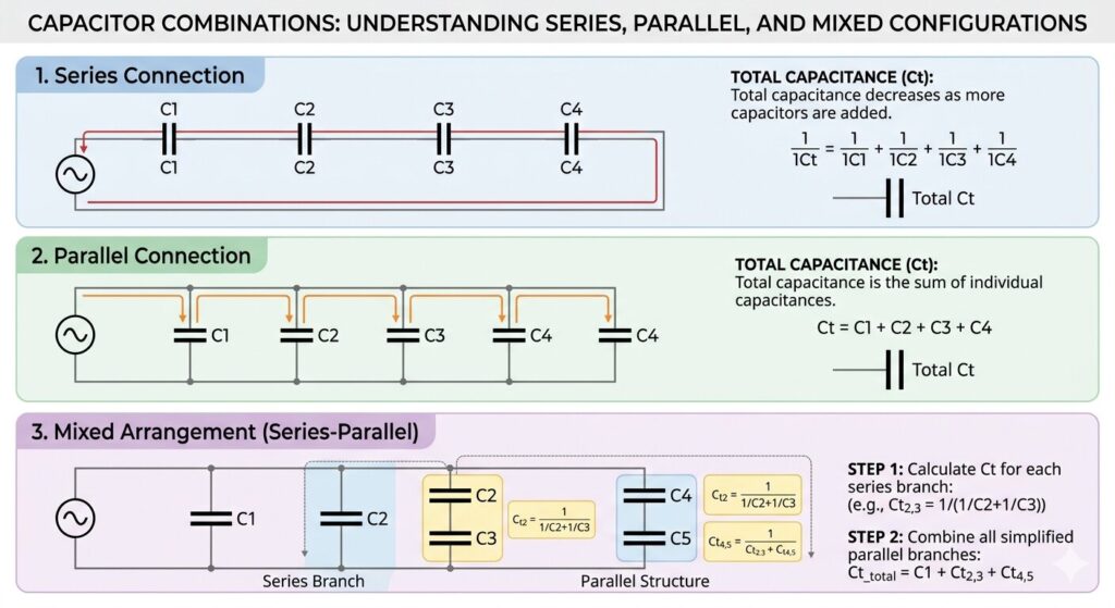 Diagram showing how to calculate total capacitance for series, parallel, and mixed capacitor arrangements, with equations and labeled circuit illustrations for each configuration.