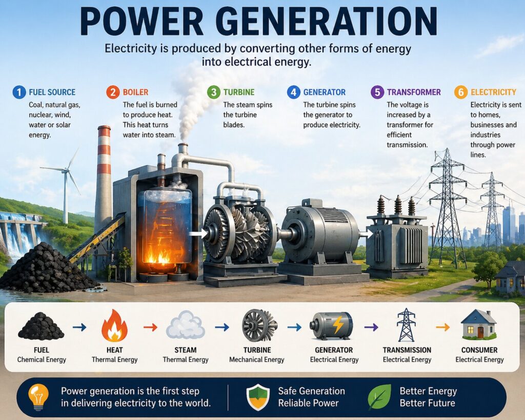 Diagram illustrating various power generation methods, including solar, wind, hydro, and fossil fuels.