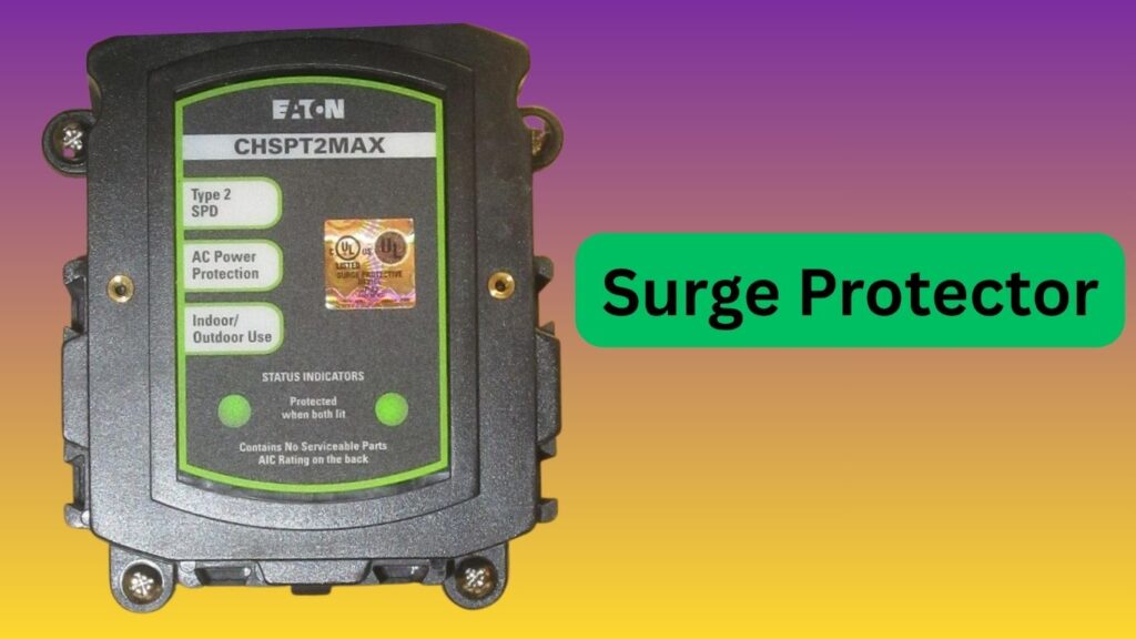 A surge protector branded as "efm surge protector," equipped with multiple sockets for connecting devices.