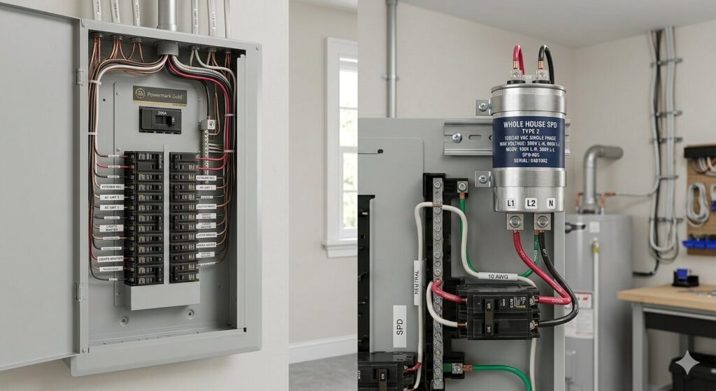  A large home electrical panel filled with various wires and connections, showcasing the system's complexity and organization.
